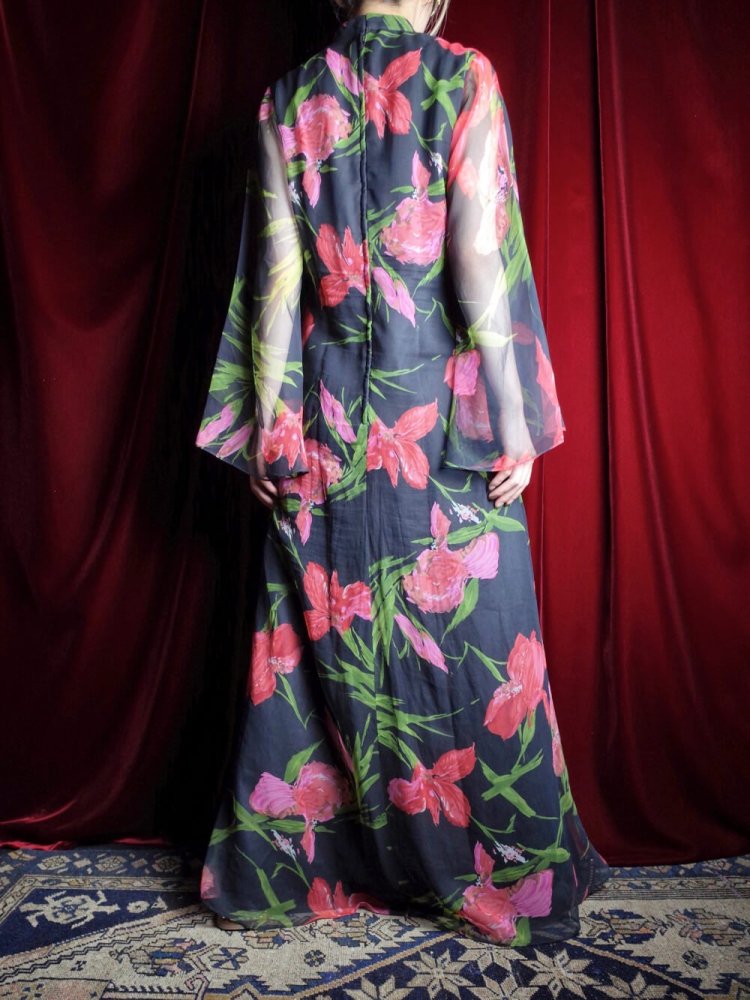 c.1970s Sheer Angel Sleeve Flower Dress