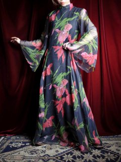 c.1970s Sheer Angel Sleeve Flower Dress