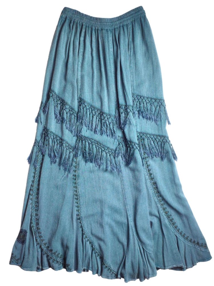 Fade Green Embroidery & Fringe Rayon Skirt