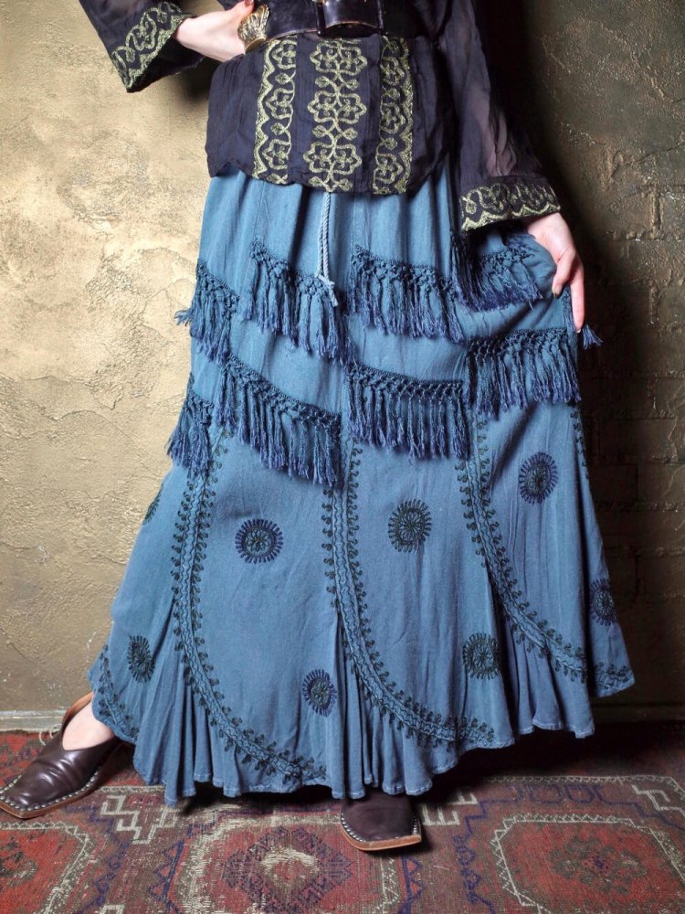 Fade Green Embroidery & Fringe Rayon Skirt