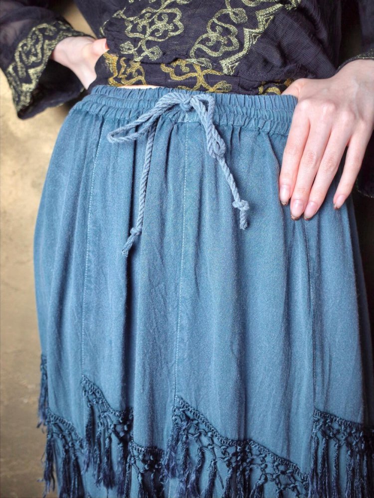 Fade Green Embroidery & Fringe Rayon Skirt