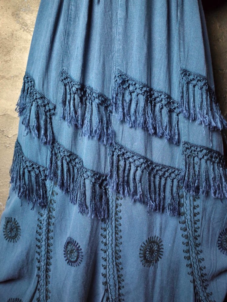 Fade Green Embroidery & Fringe Rayon Skirt