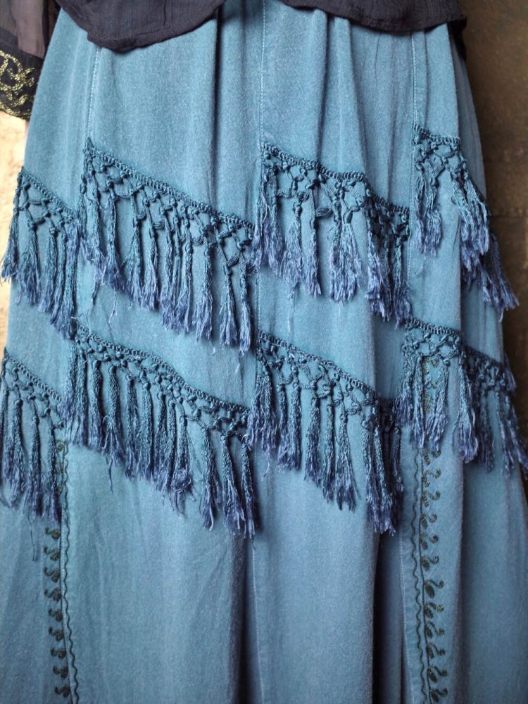 Fade Green Embroidery & Fringe Rayon Skirt