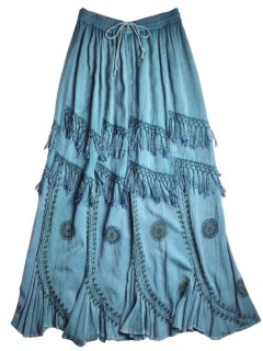 Fade Green Embroidery & Fringe Rayon Skirt