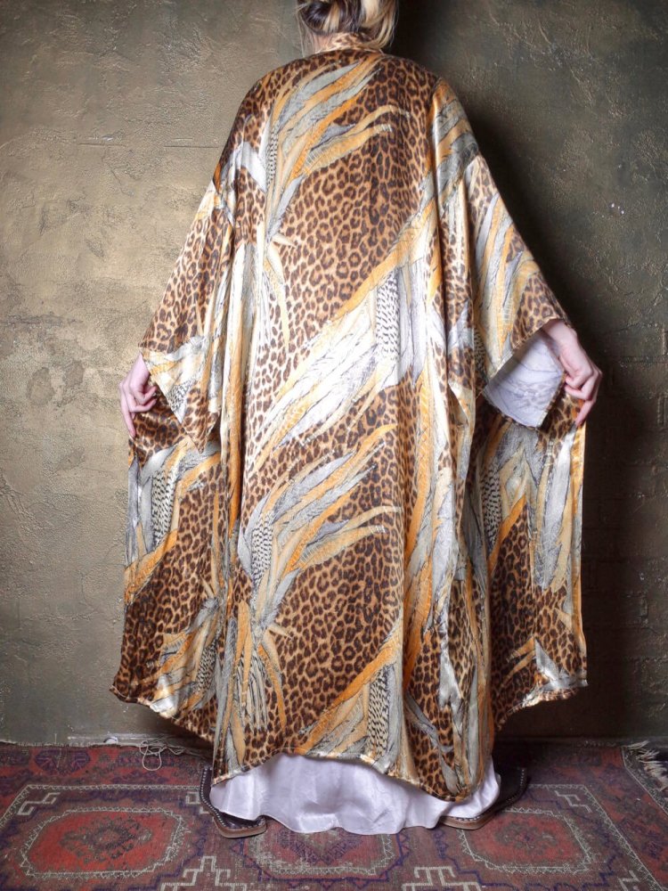 Feather & Leopard Rayon Satin Kimono Style Gown