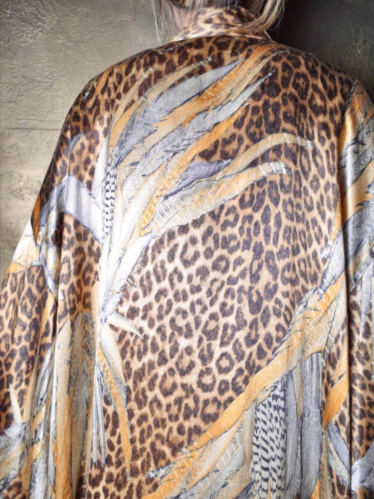 Feather & Leopard Rayon Satin Kimono Style Gown