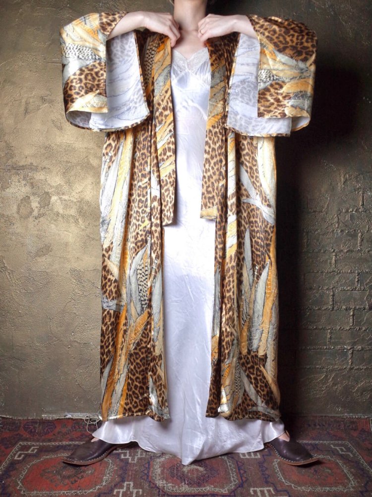 Feather & Leopard Rayon Satin Kimono Style Gown