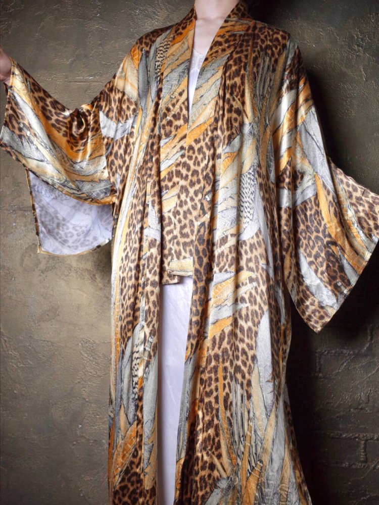 Feather & Leopard Rayon Satin Kimono Style Gown