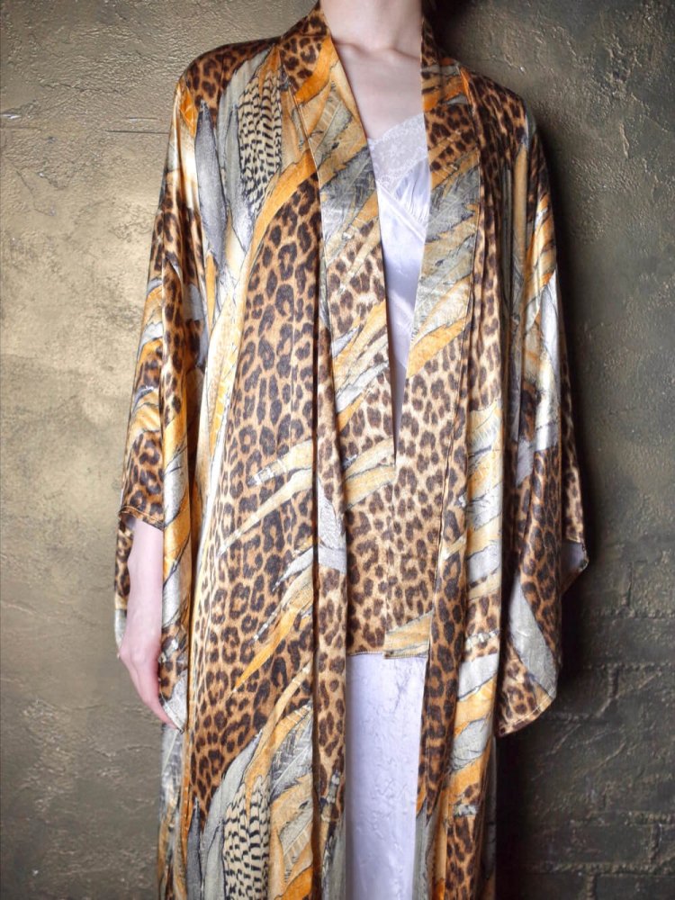 Feather & Leopard Rayon Satin Kimono Style Gown