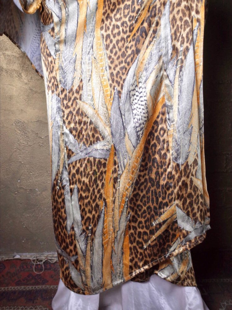 Feather & Leopard Rayon Satin Kimono Style Gown