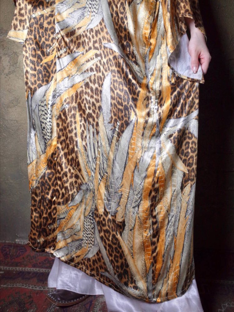 Feather & Leopard Rayon Satin Kimono Style Gown