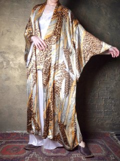 Feather & Leopard Rayon Satin Kimono Style Gown