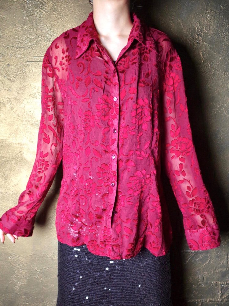 Deep Red Flower Sheer Shirt