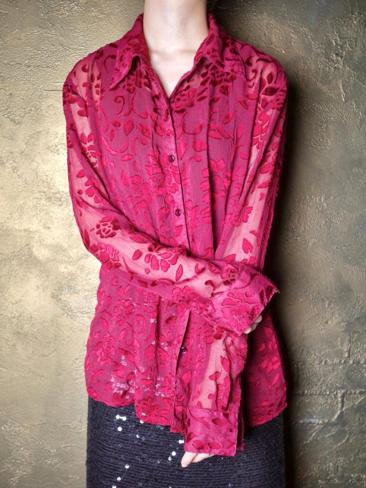 Deep Red Flower Sheer Shirt