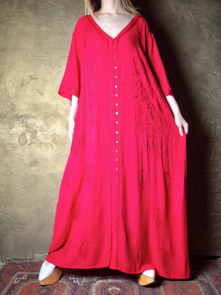 Embroidery Red Rayon Drape Dress