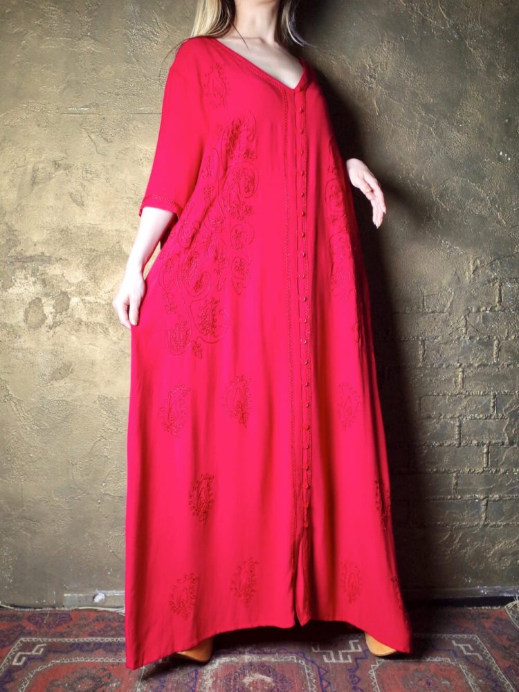 Embroidery Red Rayon Drape Dress