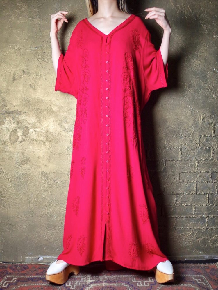 Embroidery Red Rayon Drape Dress