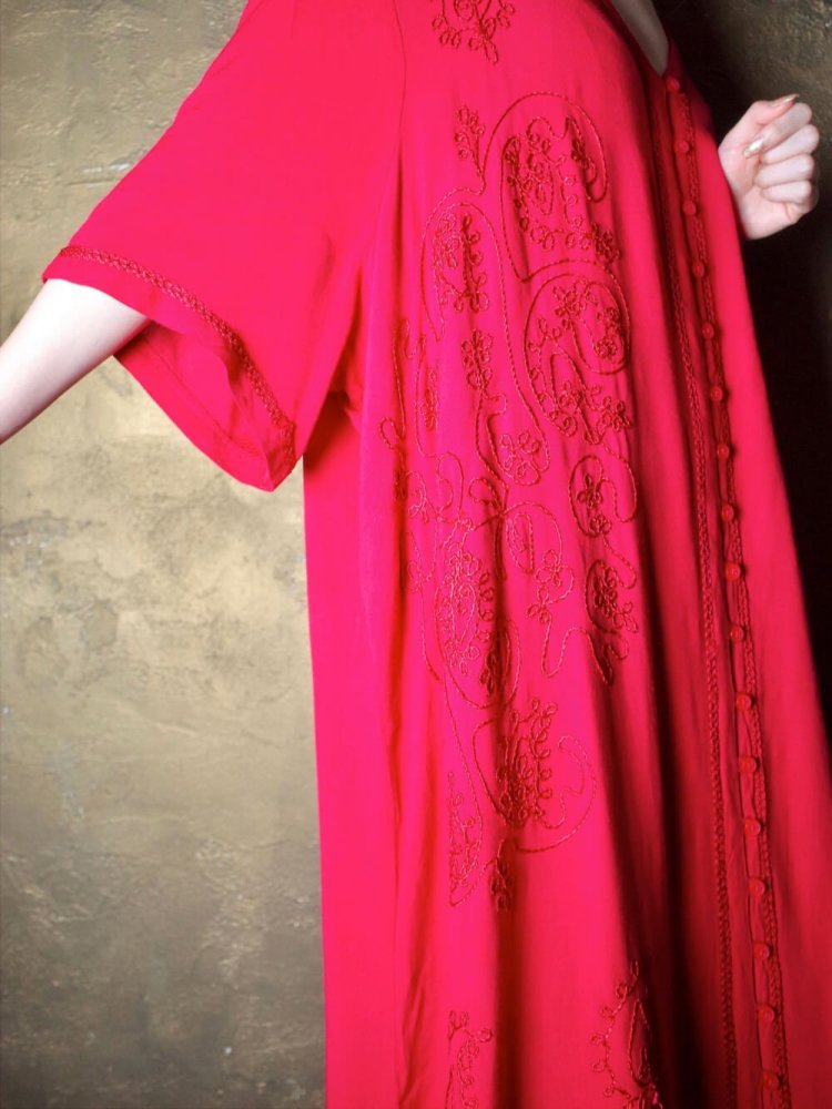 Embroidery Red Rayon Drape Dress