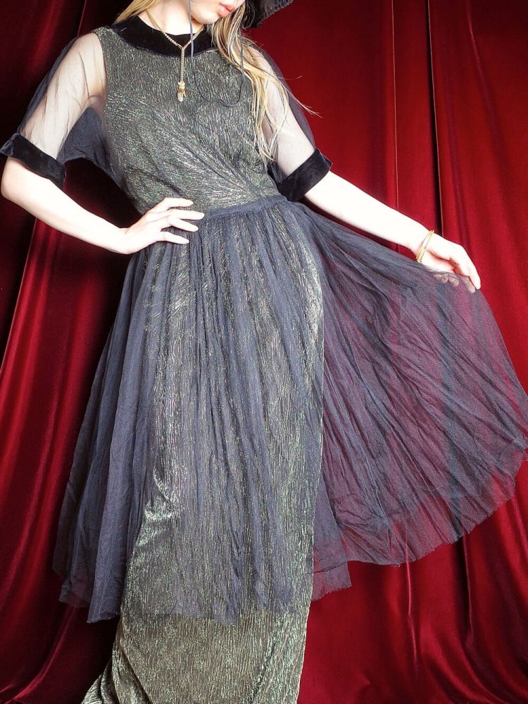 c.1950s Black Tulle & Velvet Edging Dress