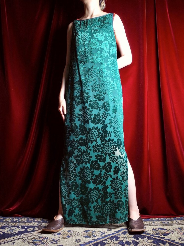 Deep Green Sunflower Velvet & Sheer Dress