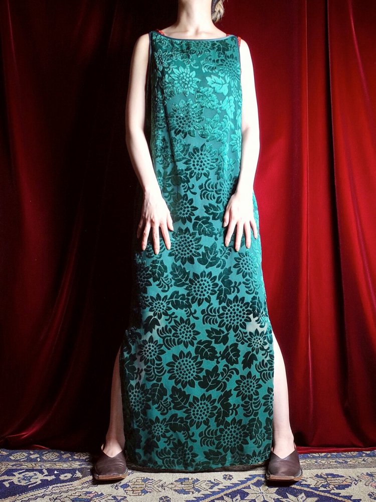 Deep Green Sunflower Velvet & Sheer Dress