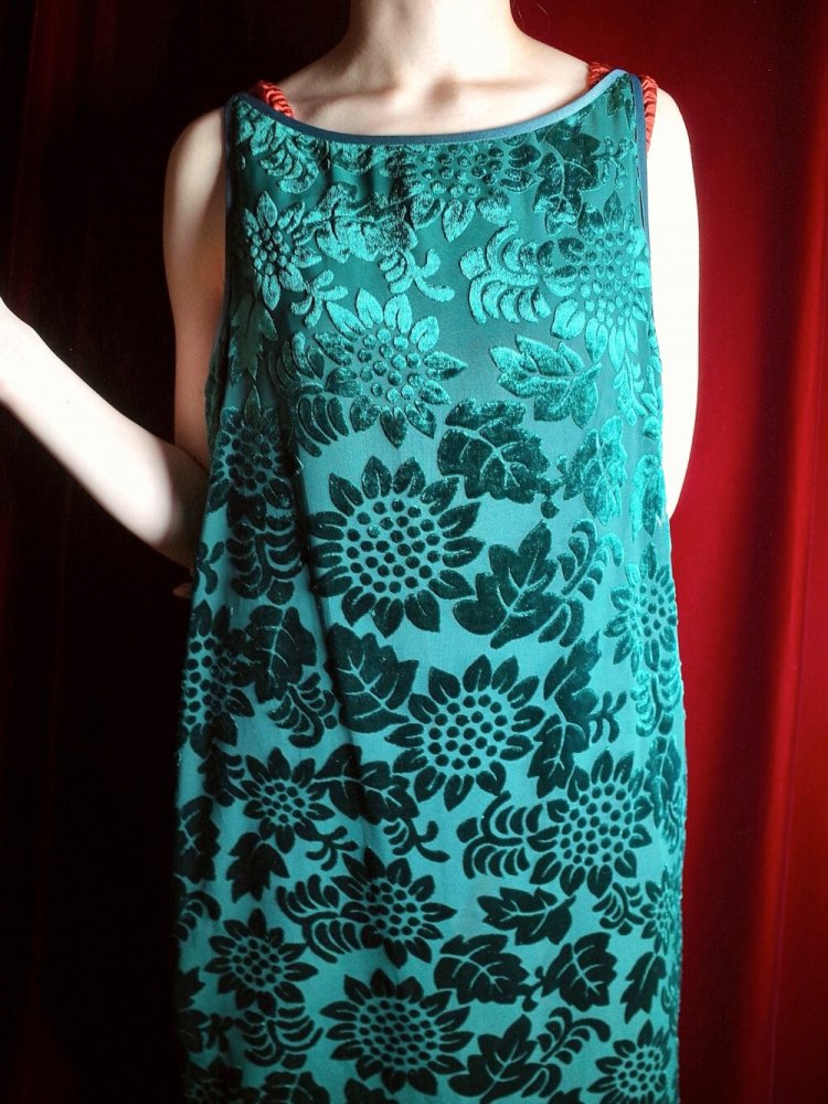 Deep Green Sunflower Velvet & Sheer Dress