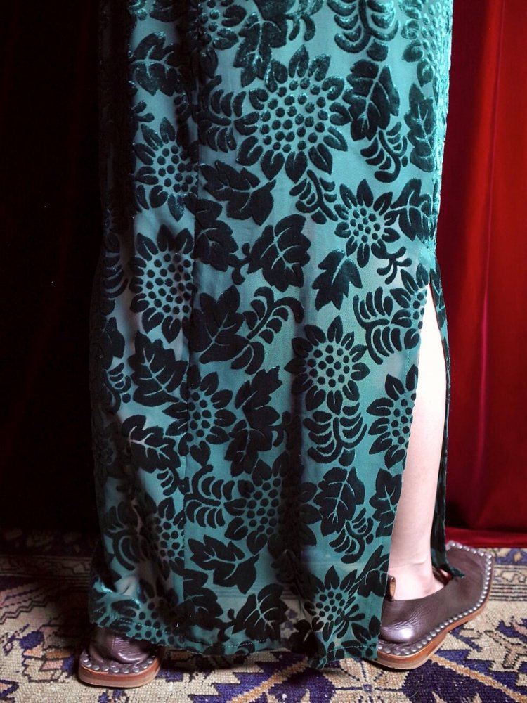 Deep Green Sunflower Velvet & Sheer Dress