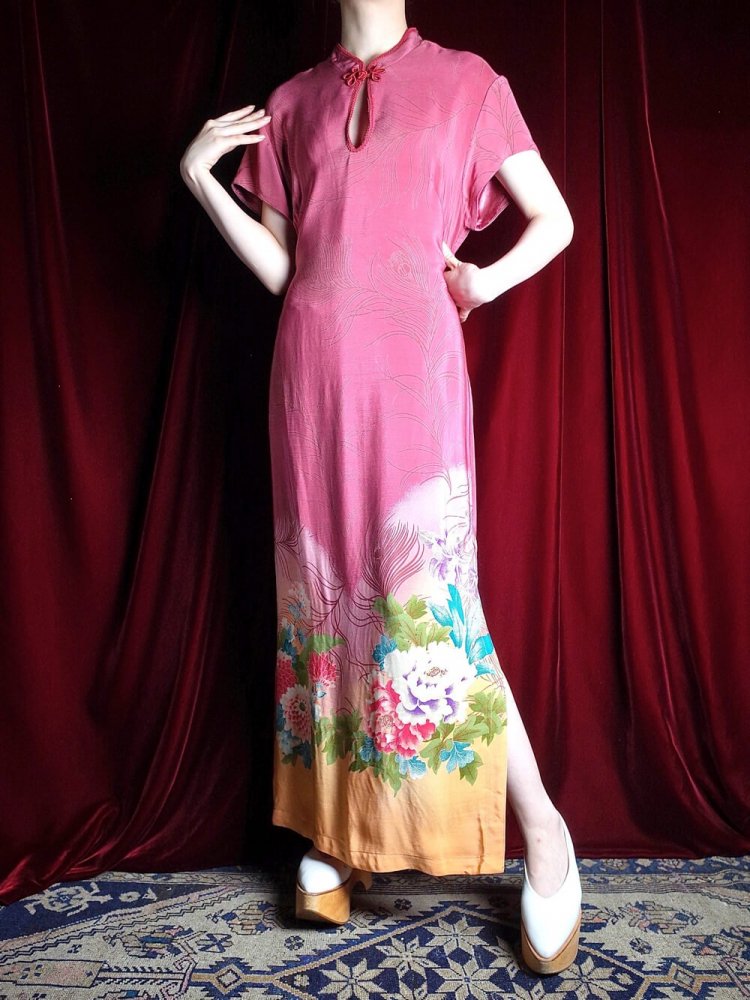 Peacock Feather & Flower China Dress