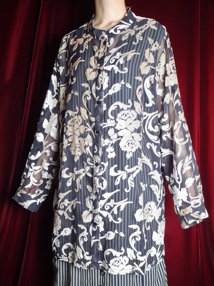 Arabesque & Rose Velvet Sheer Mao Collar Shirt