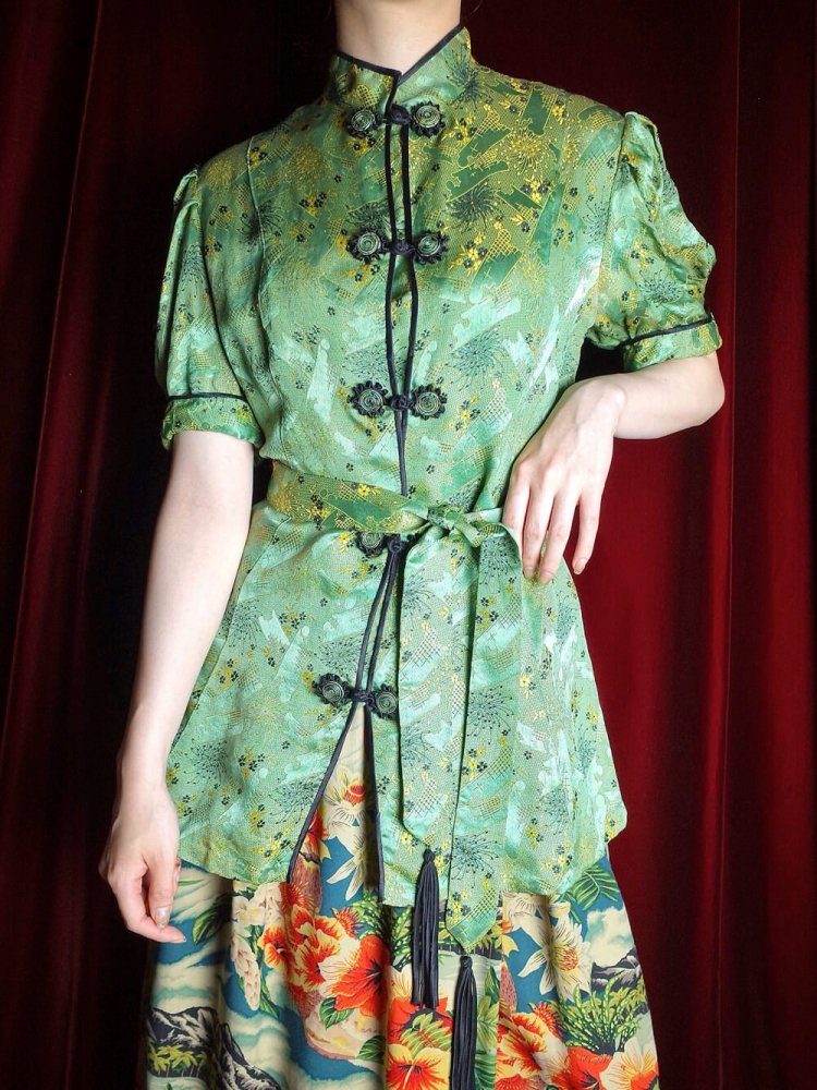 c.1950~60s Yellow Green Jacquard Silk China Shirt