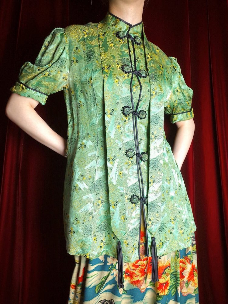 c.1950~60s Yellow Green Jacquard Silk China Shirt