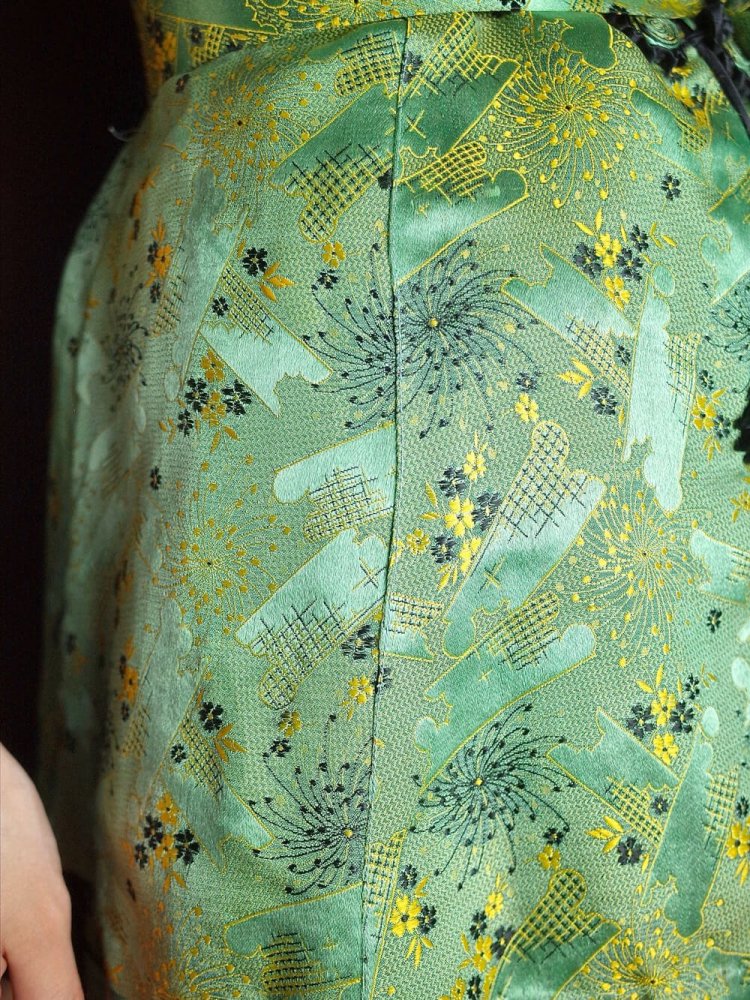 c.1950~60s Yellow Green Jacquard Silk China Shirt