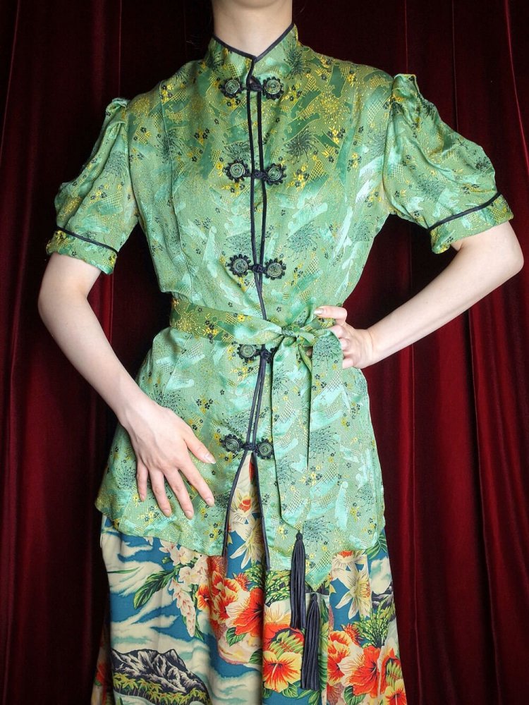 c.1950~60s Yellow Green Jacquard Silk China Shirt