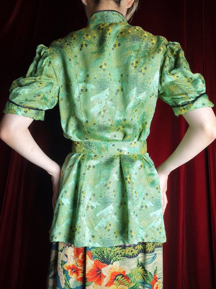 c.1950~60s Yellow Green Jacquard Silk China Shirt