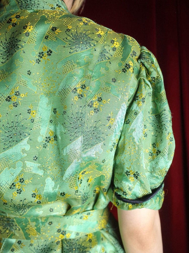 c.1950~60s Yellow Green Jacquard Silk China Shirt