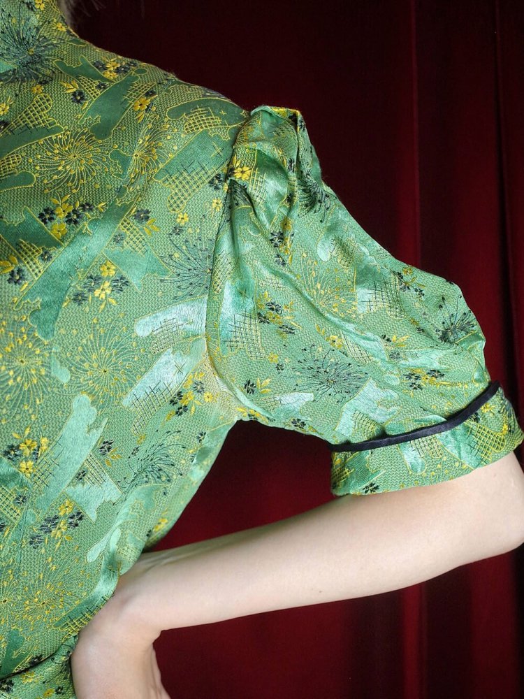 c.1950~60s Yellow Green Jacquard Silk China Shirt