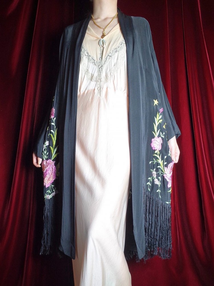 c.1930s Antique "Angel & Flower" Embroidery Fringe Silk Gown