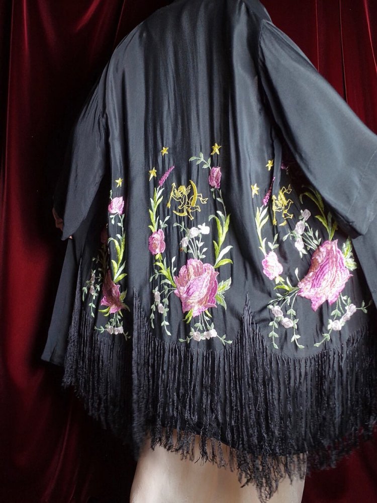 c.1930s Antique "Angel & Flower" Embroidery Fringe Silk Gown