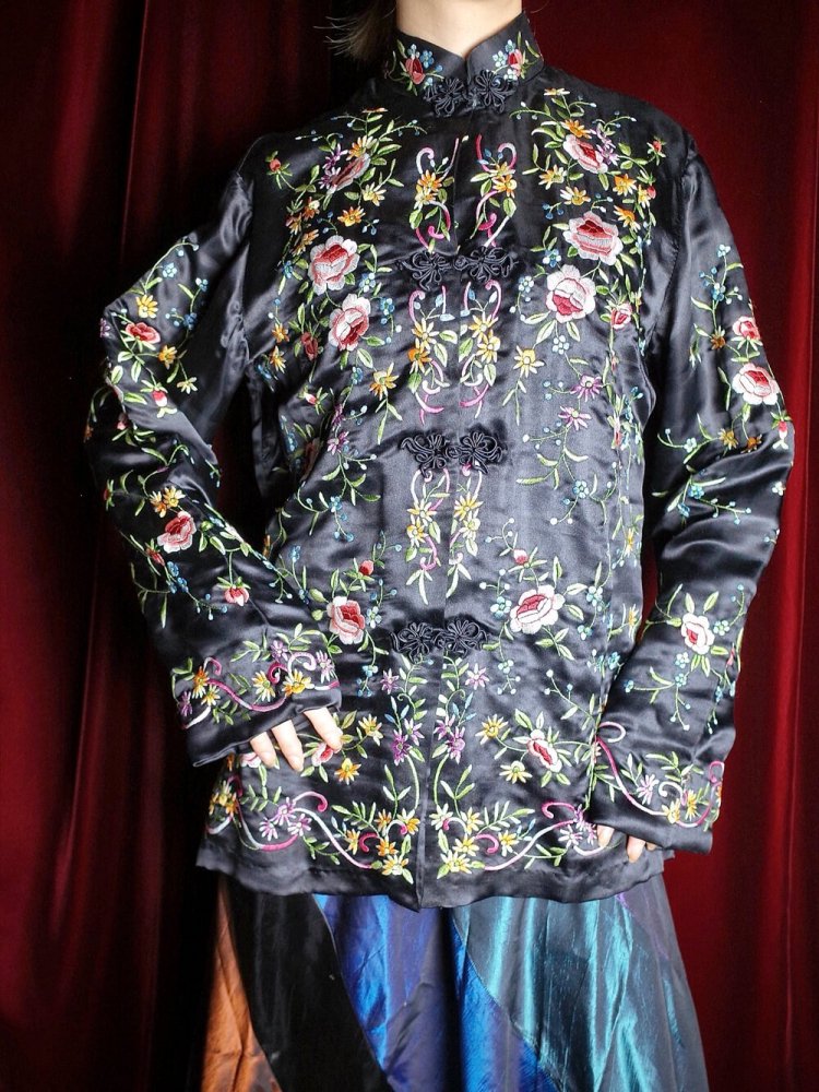 c.1960s Total Embroidery Black Silk China Jacket