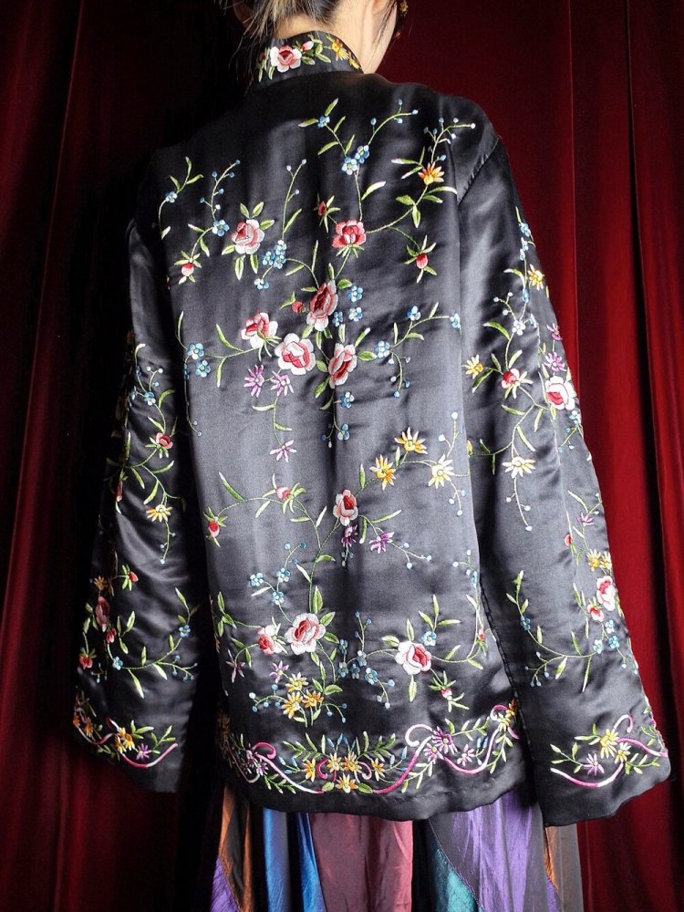 c.1960s Total Embroidery Black Silk China Jacket