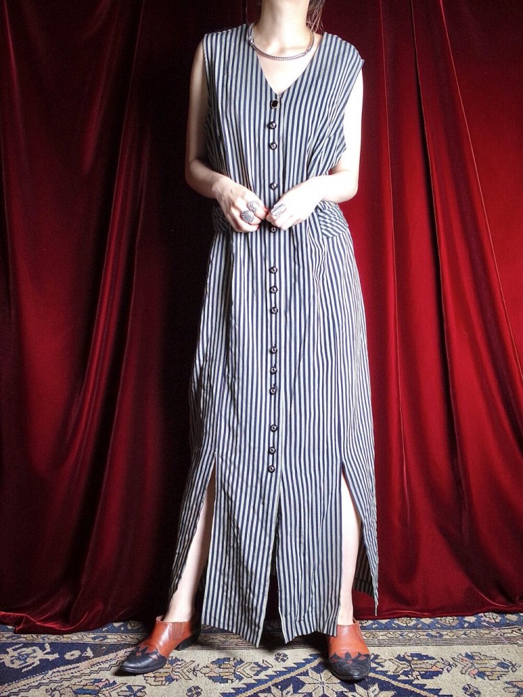 Pin Stripe & Slit Front Open Dress