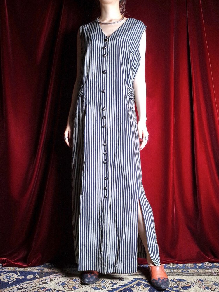 Pin Stripe & Slit Front Open Dress