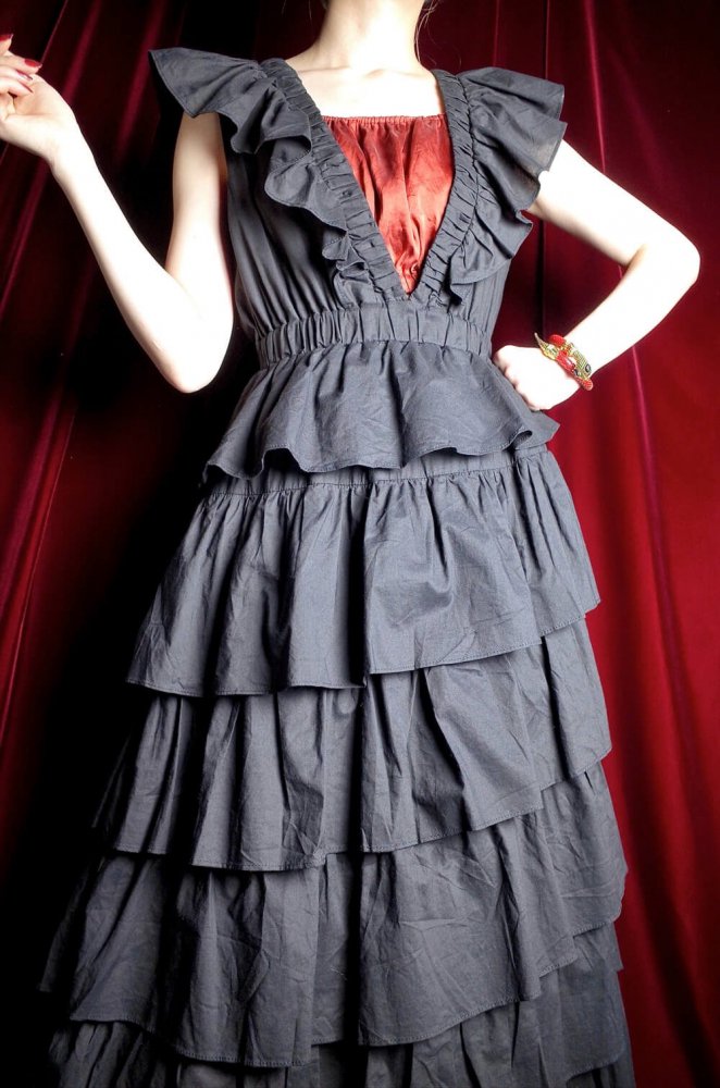 Asymmetry Ruffle Tiered Black Modern Dress