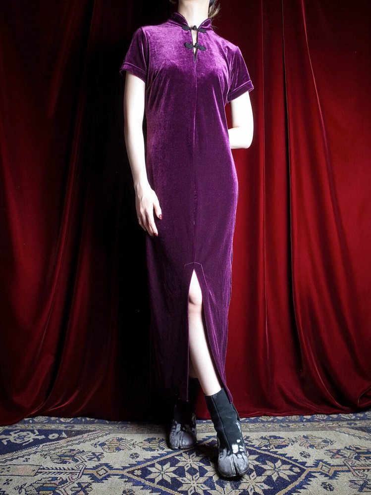 Purple Velvet Front Slit China Dress