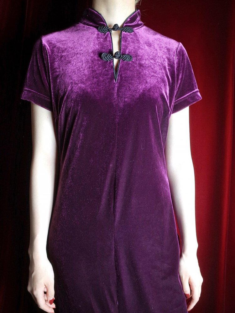 Purple Velvet Front Slit China Dress