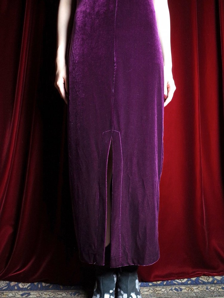 Purple Velvet Front Slit China Dress