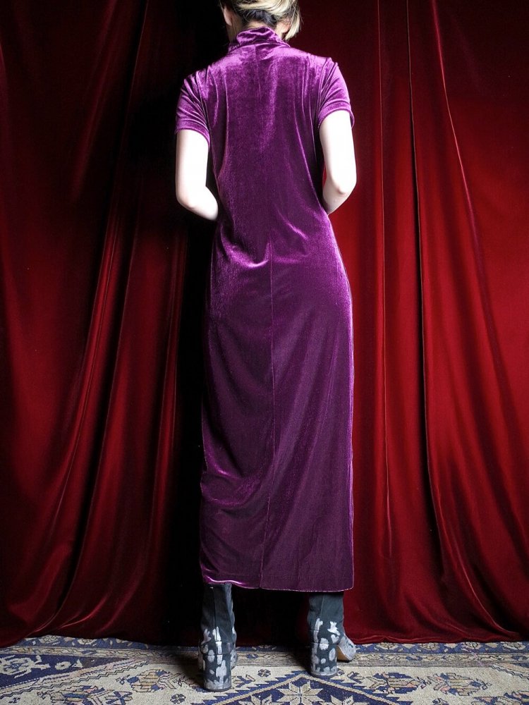 Purple Velvet Front Slit China Dress