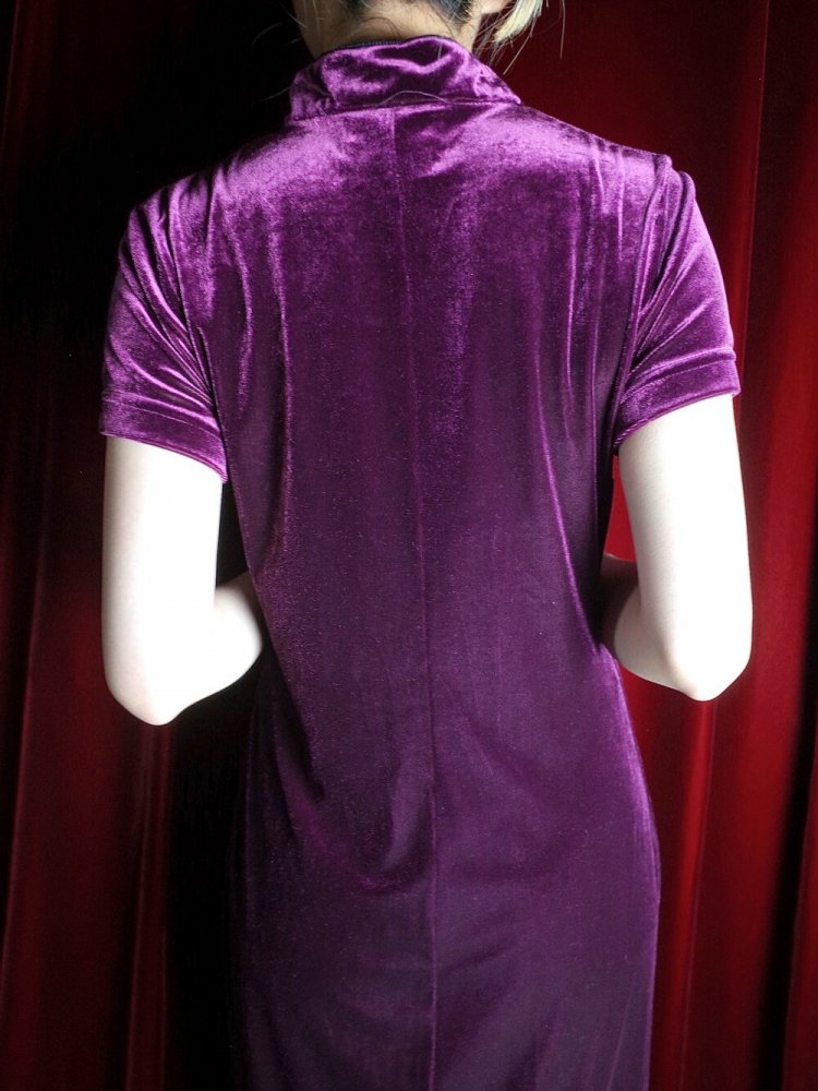 Purple Velvet Front Slit China Dress