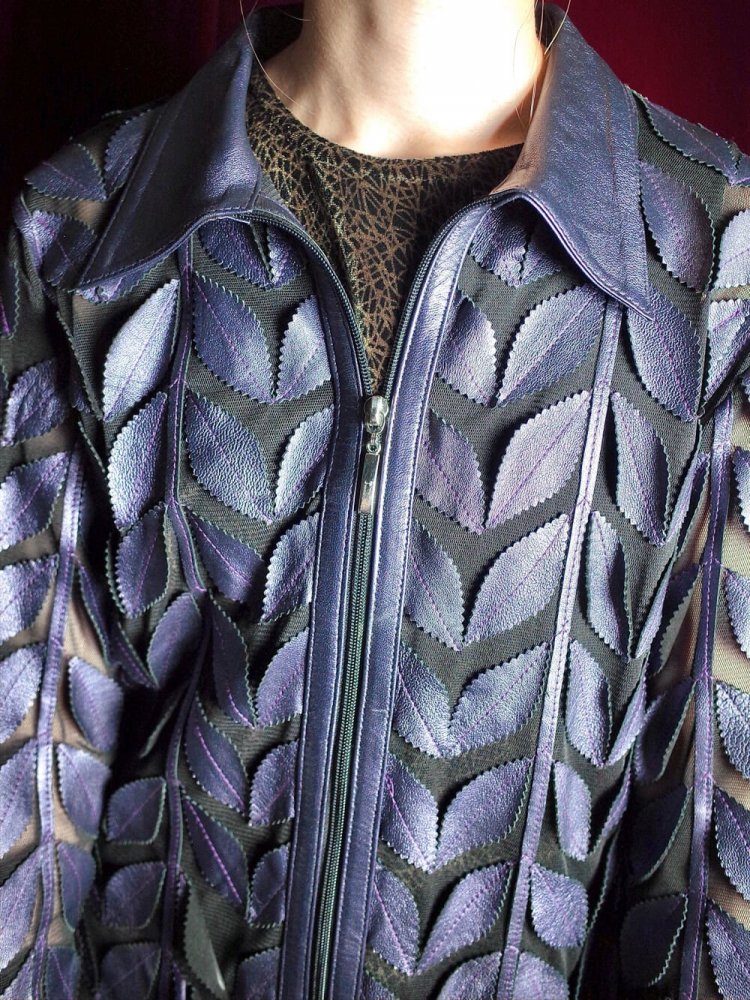 Made in Turkey Purple Leaf Genuine Leather  Mesh Jacket