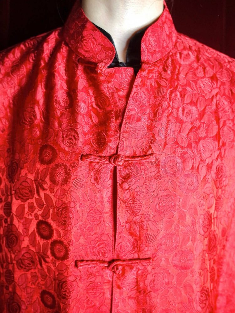 Flower Jacquard Red Silk China Shirt